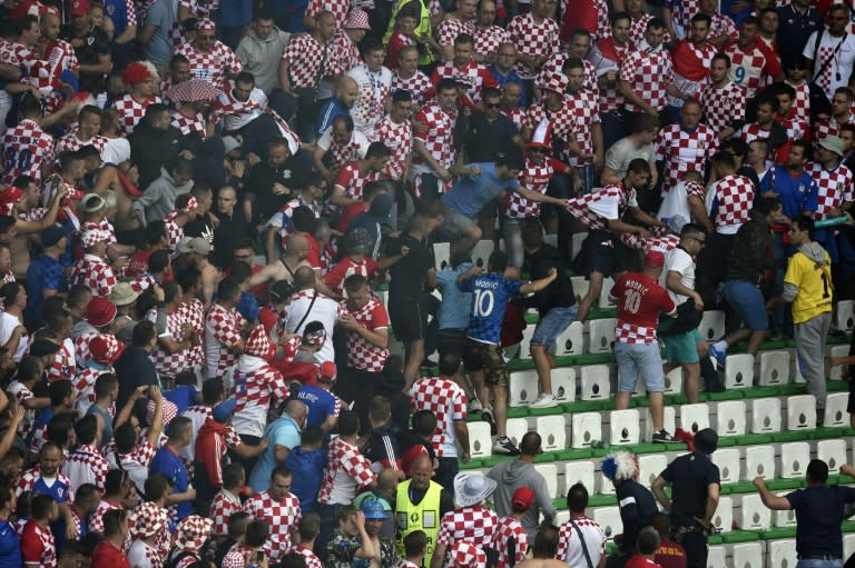 A fight breaks out during the Euro 2016 group D match between Czech Republic and Croatia