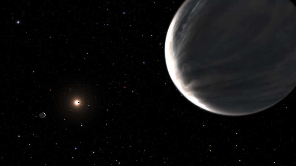 graphic illustration with a large exoplanet in the upper right corner there is a small star in the distance with a black dot transiting in and another small planet to the left of it.