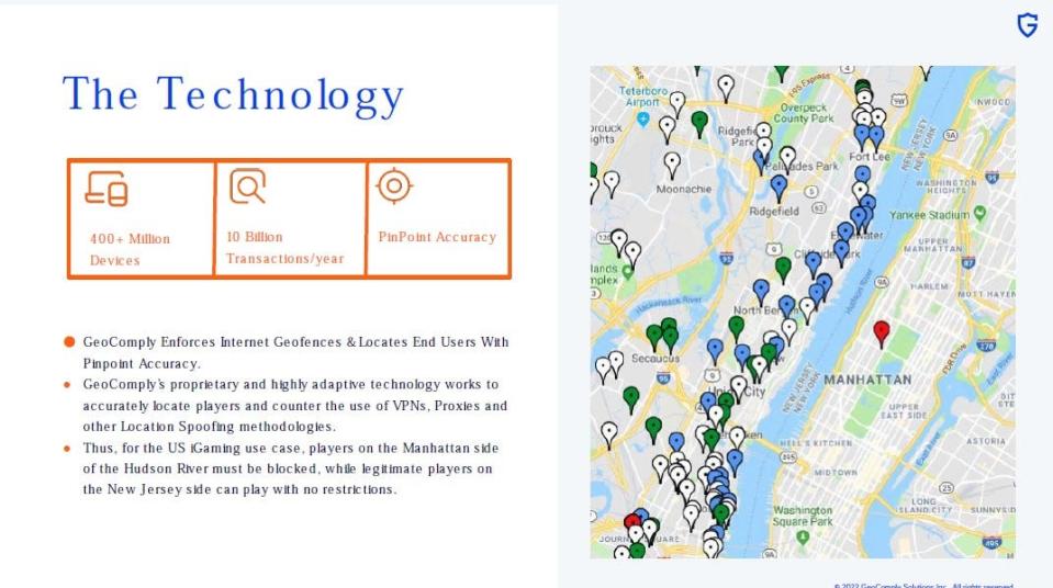 A slide from a GeoComply presentation explains how its software for detecting gambling app use works.
