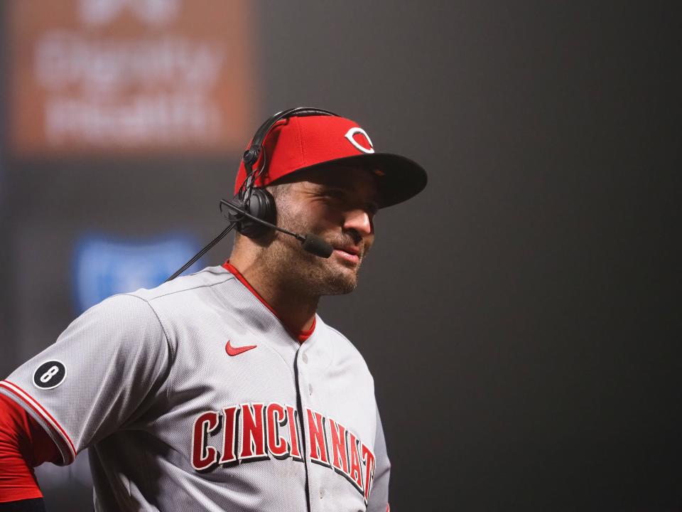 Apr 12, 2021; San Francisco, California, USA; Cincinnati Reds first baseman Joey Votto (19) is interviewed after defeating the San Francisco Giants at Oracle Park. Mandatory Credit: Kelley L Cox-USA TODAY Sports