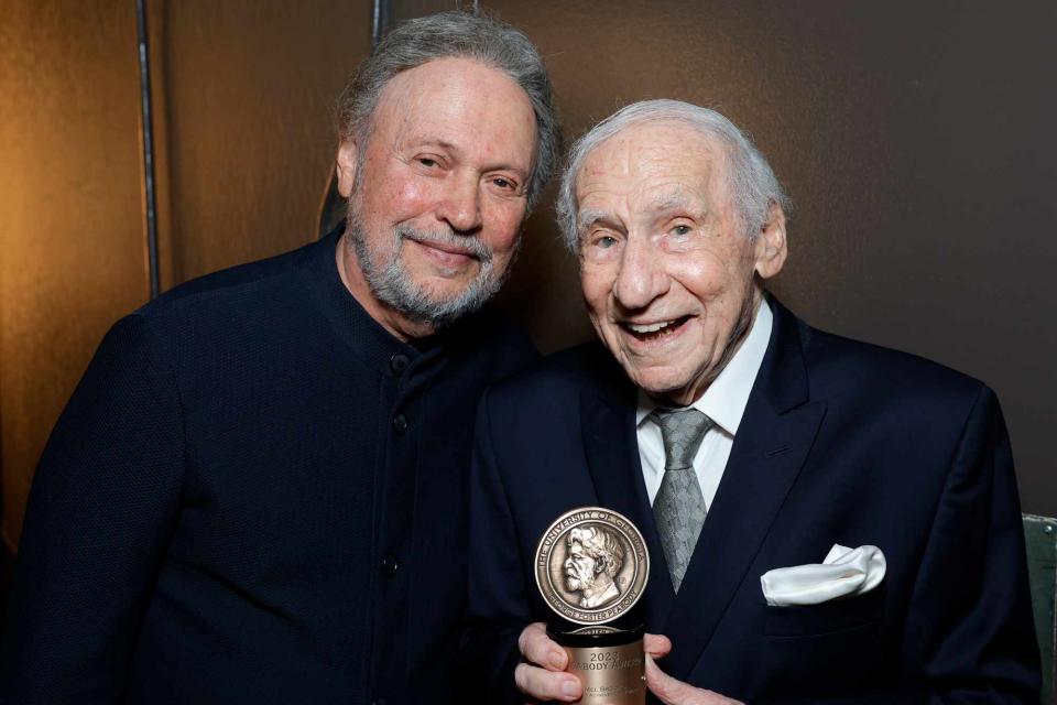 <p>Stefanie Keenan/Getty </p> Billy Crystal and Mel Brooks at the 2024 Peabody Awards