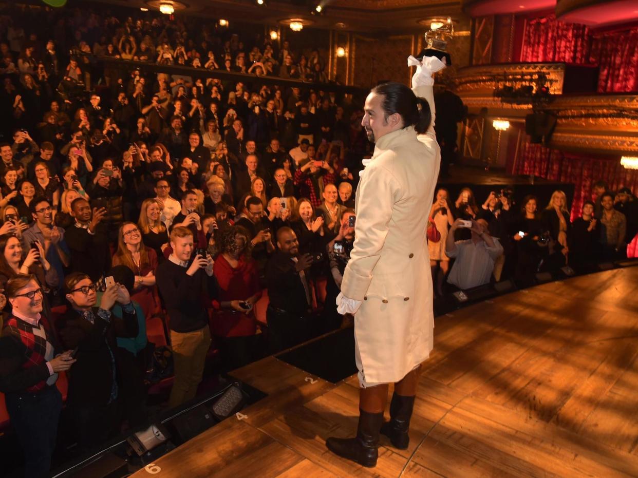 Lin-Manuel Miranda onstage as Alexander Hamilton: Getty