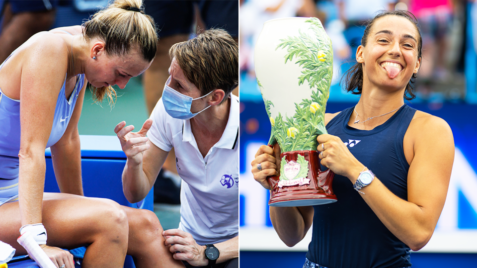 Caroline Garcia (pictured right) holds the Cincinnati Masters trophy and (pictured left) Petra Kvitova seeing the trainer.