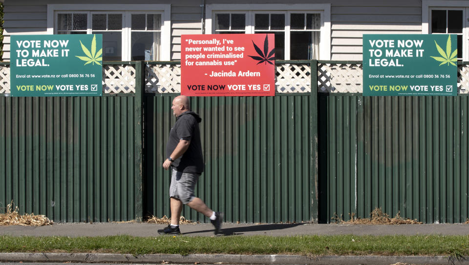 A man walks past signs in support of making marijuana legal in Christchurch, New Zealand, Friday, Oct. 16, 2020. New Zealanders are poised to decide on two crucial social issues during an election on Saturday, Oct. 17, whether to legalize recreational marijuana and whether to legalize euthanasia. (AP Photo/Mark Baker)