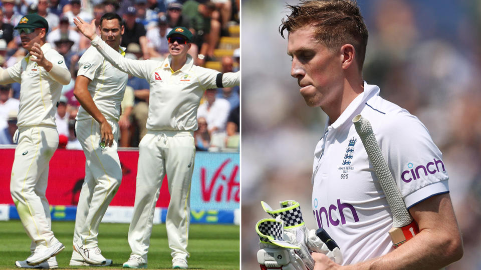 Australian players rect with disbelief to the initial denied appeal for Zak Crawley's wicket on the left, with Crawley walking off the ground after being dismissed on the right.