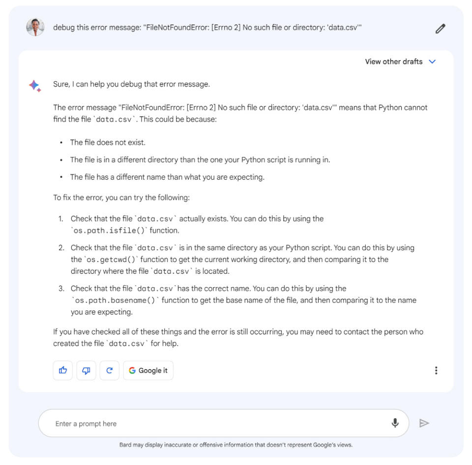 A screenshot showing how Google Bard can help you debug code.