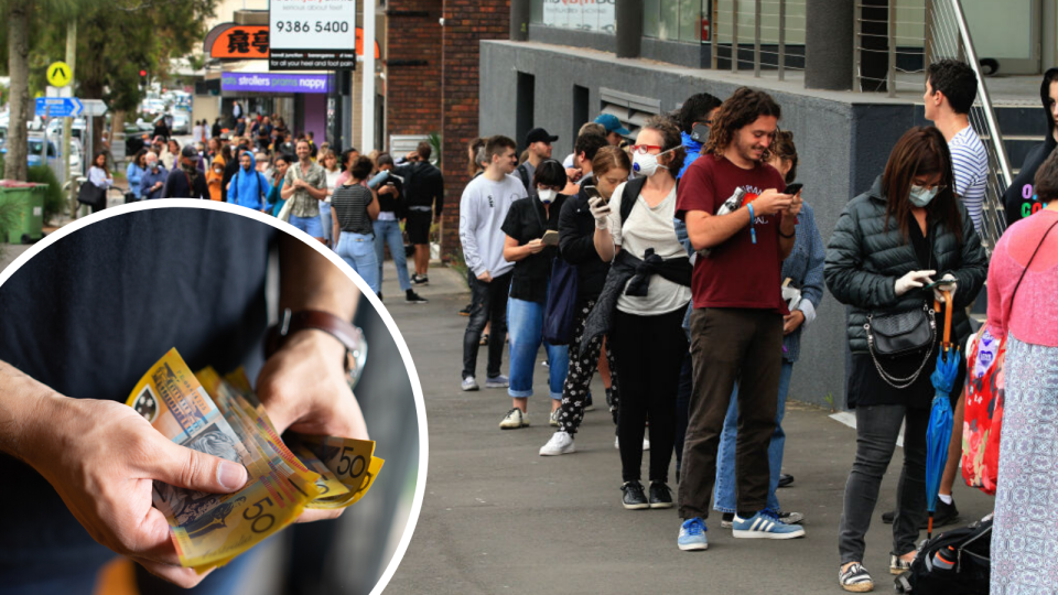 people waiting in line for centrelink, money