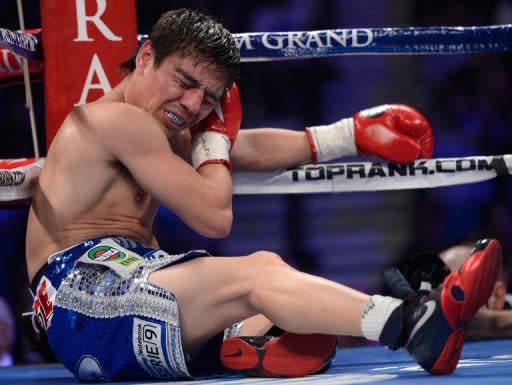 Mexican Jorge Arce winces in pain after suffering a blow to the ear from Puerto Rican Jesus Rojas during their featherweight fight on June 9. The clash was declared a no-contest when Rojas caught Arce first with a low-blow and then with a swinging punch to the ear in the second round