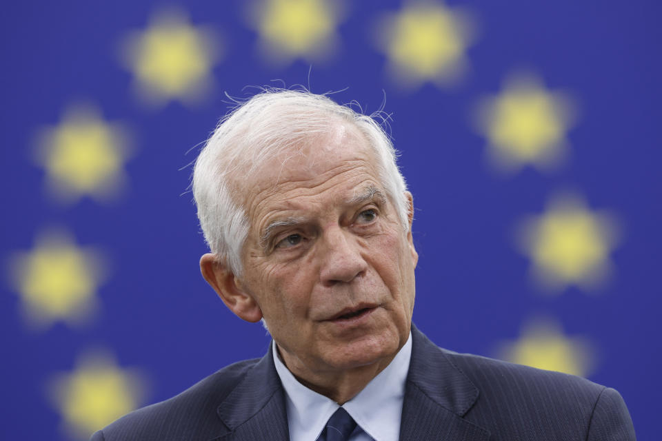 European Union foreign policy chief Josep Borrell speaks at the European Parliament, in Strasbourg, eastern France, during the plenary debate on the attacks by Hamas on Israel, Israel’s right to defend itself in line with humanitarian and international law and the humanitarian situation in Gaza, Wednesday, Oct. 18, 2023. (AP Photo/Jean-Francois Badias)