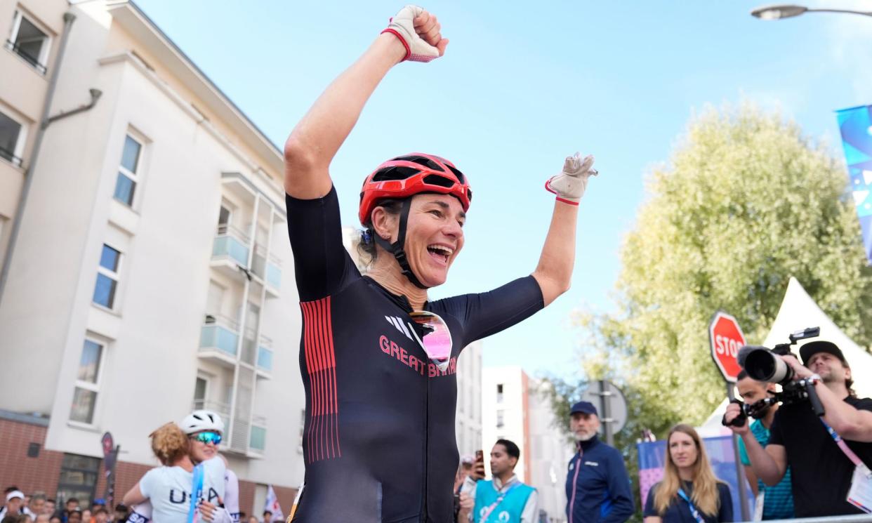 <span>Great Britain's Sarah Storey celebrates winning gold in the women's C4-5 road race.</span><span>Photograph: Andrew Matthews/PA</span>