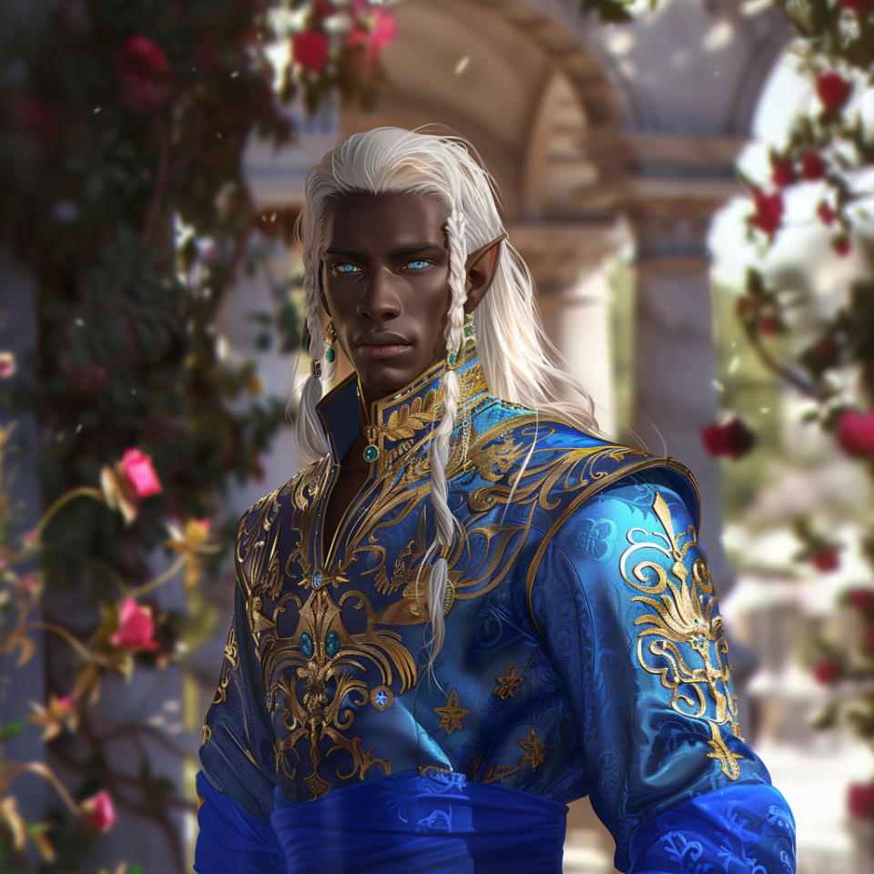 Fantasy character with pointed ears, in ornate blue and gold attire, against an archway and roses background