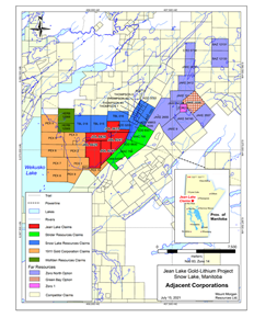 Figure 1. The Jean Lake lithium-gold property and adjacent properties, Snow Lake area, Manitoba.