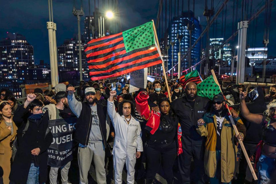 Protestors gather at Barclays Center Arena and march to the 7th police precinct to protest the NYPD's response to the killing of Jordan Neely in Brooklyn, New York on May 4, 2023.