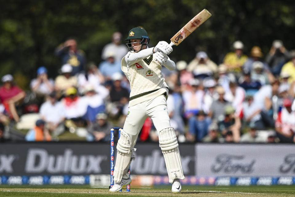 Marnus Labuschagne of Australia bats on day two of the second cricket test between New Zealand and Australia in Christchurch, New Zealand, Saturday, March 9, 2024. (John Davidson/Photosport via AP)