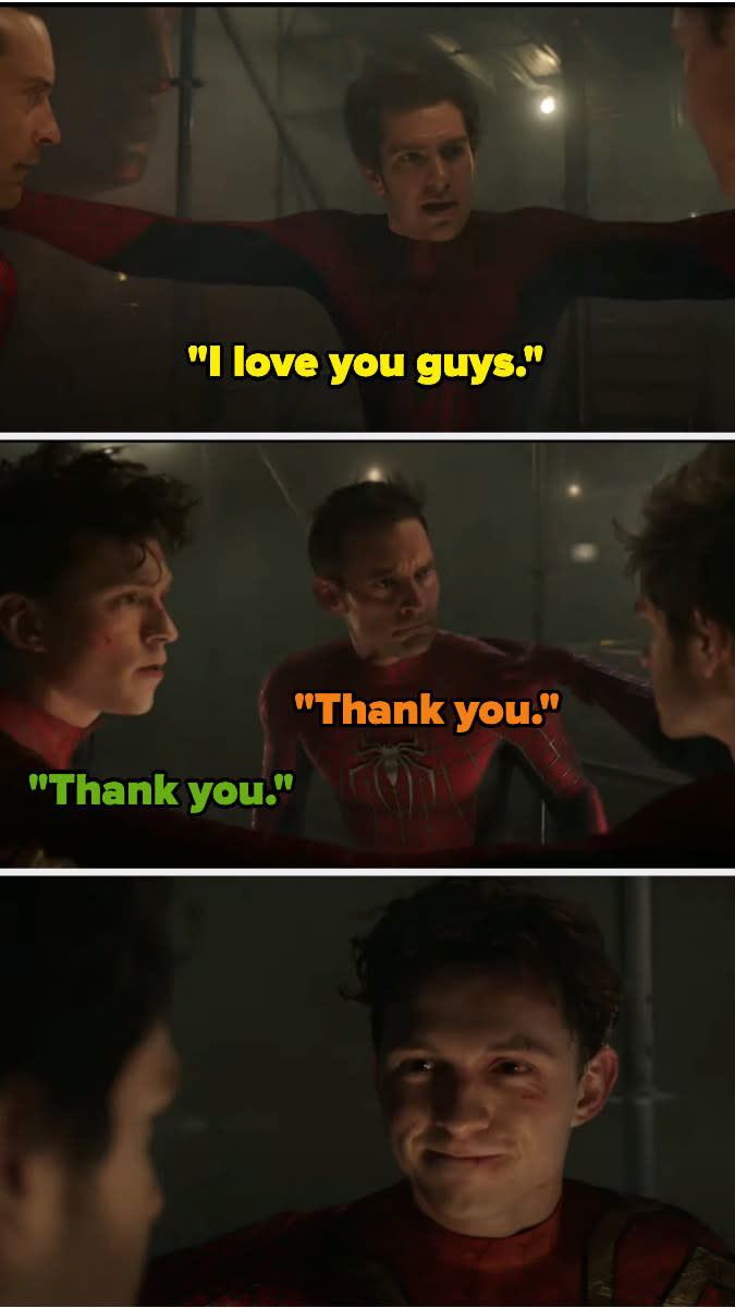 Spider-Man saying, "I love you guys"