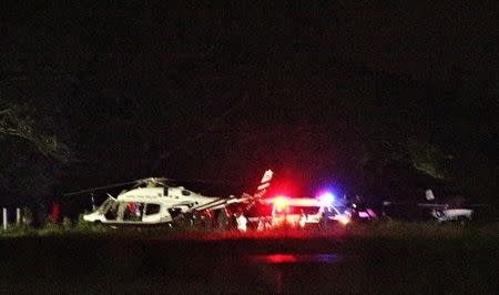 A Royal Thai Police helicopter carrying rescued schoolboys lands at a military airport in the northern province of Chiang Rai, Thailand, July 8, 2018. REUTERS/Athit Perawongmetha