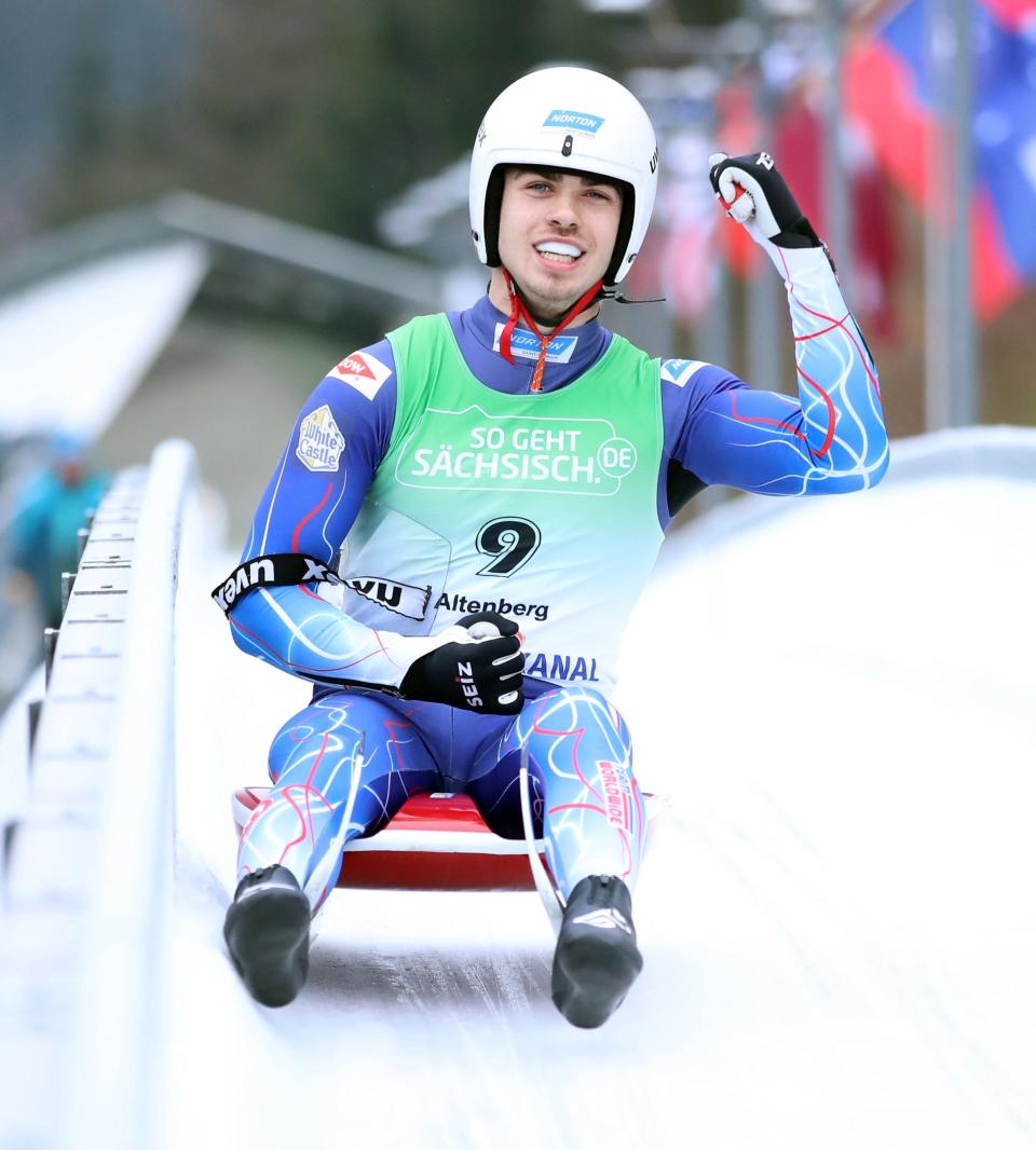 Medway's Zack DiGregorio fist pumps after he sees the scoreboard at the Junior World Cup luge race in Altenberg, Germany, on Dec. 13, 2019. DiGregorio came from behind to place second and earn his first ever international Junior World Cup medal.