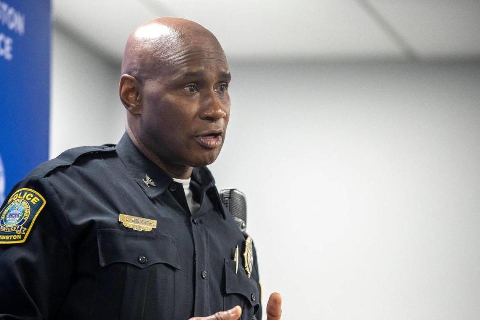 Lawrence Weathers, Lexington police chief, discusses a recent spike in homicides and gun violence during a media conference in Lexington, Ky., on Thursday, April 22, 2021.