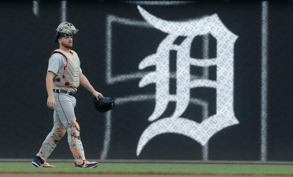 Aug 1, 2023; Pittsburgh, Pennsylvania, USA;  Detroit Tigers catcher Jake Rogers (34) walks in from the bullpen to play the Pittsburgh Pirates at PNC Park. Mandatory Credit: Charles LeClaire-USA TODAY Sports