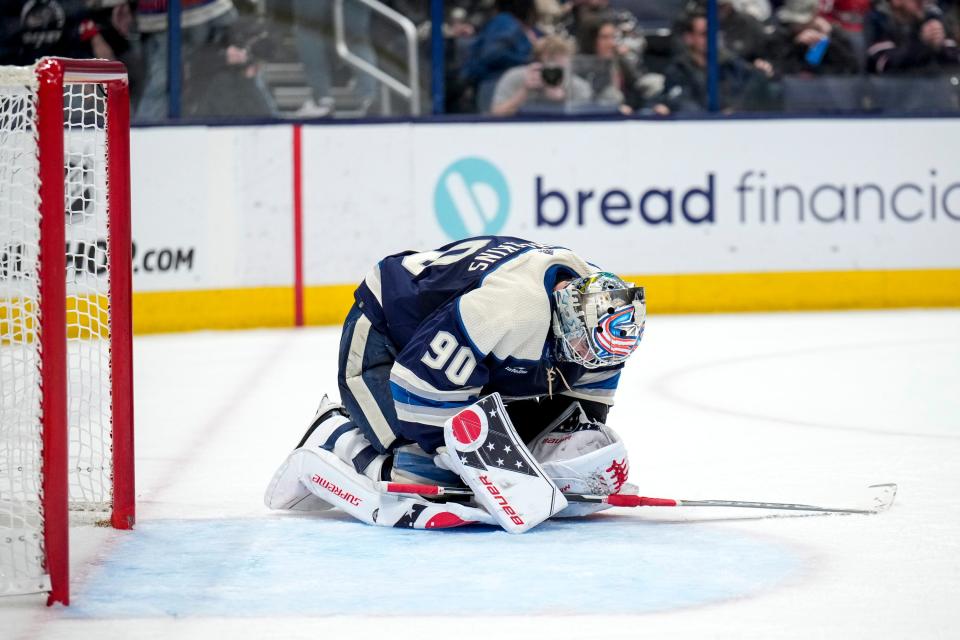 Jan 5, 2023; Columbus, Ohio, USA;  Columbus Blue Jackets goaltender Elvis Merzlikins (90) hangs his head after the Washington Capitals scored their fourth goal during the second period of the NHL game between the Columbus Blue Jackets and the Washington Capitals on Thursday night at Nationwide Arena. Mandatory Credit: Joseph Scheller-The Columbus Dispatch