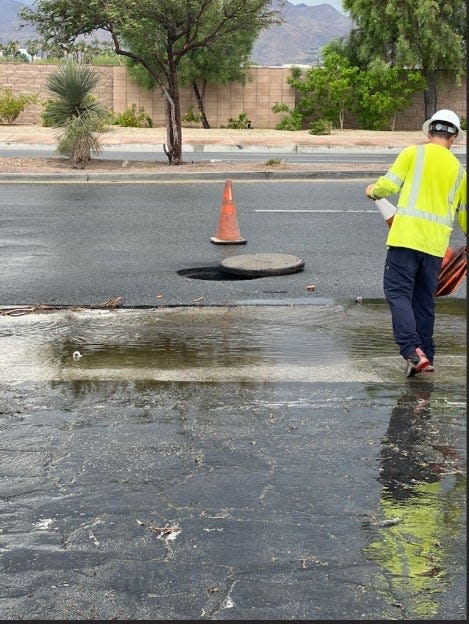 A manhole lid that was blownout by an underground vault fire on Gene Autry Road on June 22, 2022.