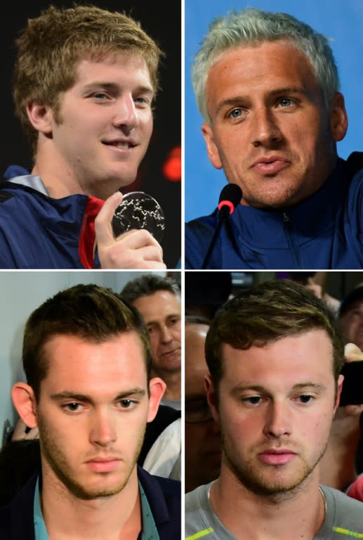 (Clockwise from top L) US swimmers James Feigen, Ryan Lochte, Jack Conger and Gunnar Bentz came under suspicion after details of their mugging story failed to add up