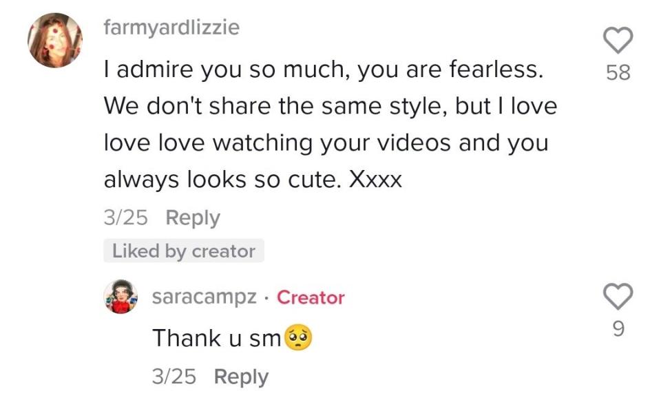Screen shot of comments on Sara's TikTok