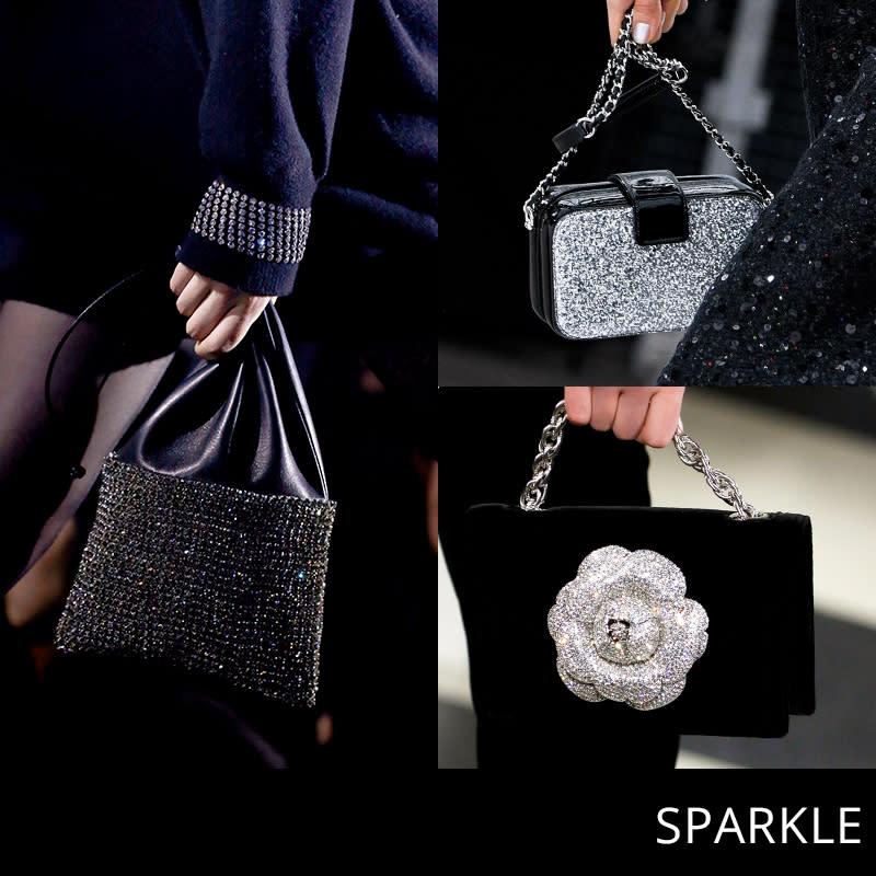<p>Your new evening bag? Bedecked in rhinestones, sequins and glitter with a silver streak.</p> <h4>Alexander Wang, Chanel, Oscar de la Renta. Photos: Getty Images</h4>
