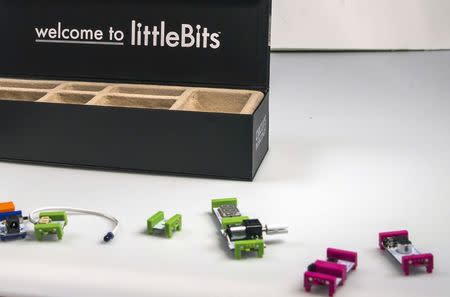 Electronic modules from a Little Bits kit are laid out during a product shoot at the Little Bits company headquarters in New York April 23, 2014. REUTERS/Brendan McDermid