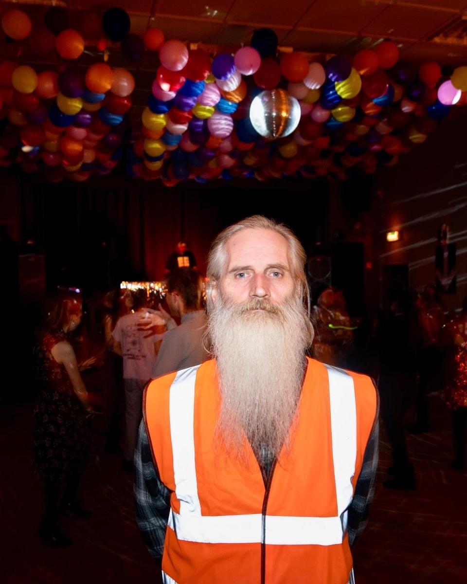 A &#xde;ingeyri local and disco security man&#x002014;note the balloon ceiling.