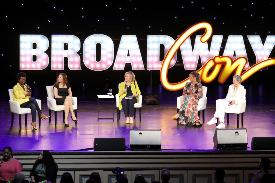 Hillary Clinton (center) moderates a panel with LaChanze, Donna Murphy, Vanessa Williams and Julie White during BroadwayCon 2022 at The Manhattan Center on July 8 in New York City. - Credit: Getty Images