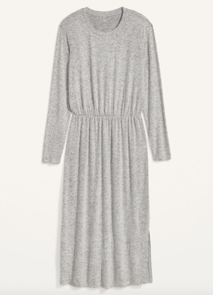Cozy Plush-Knit Waist-Defined Midi Dress