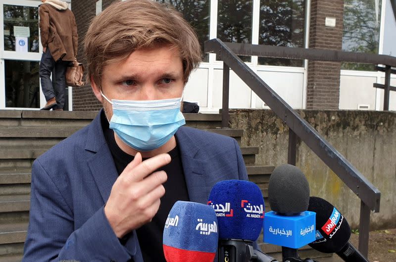 Belgian lawyer Dimitri de Beco, representing Iranian diplomat Assadollah Assadi, speaks to the media outside a court building in Antwerp