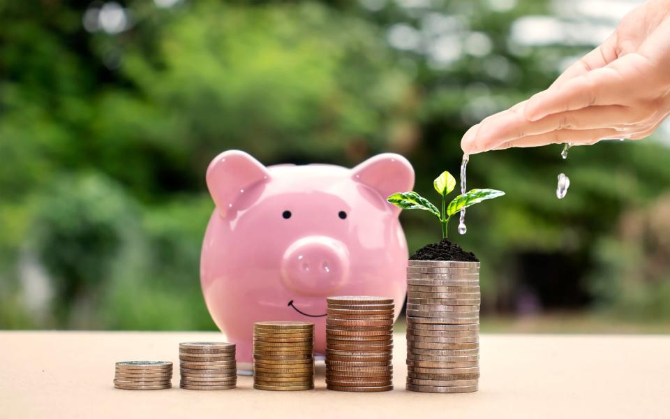 A piggy bank sits behind stacks of coins.