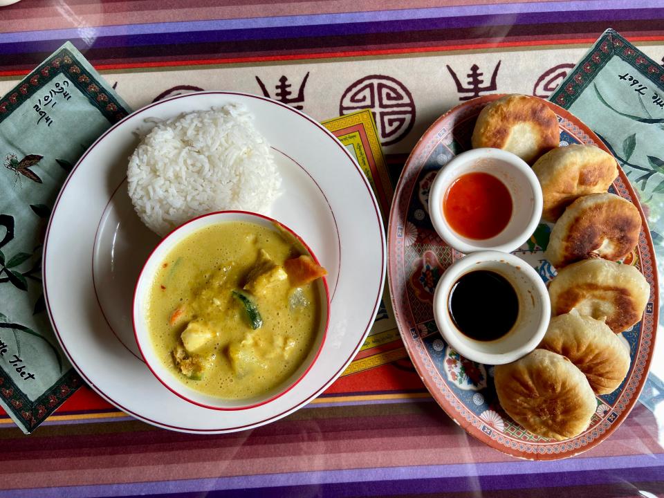 Yellow curry and shogo balay at Little Tibet in Bloomington. Each entree comes with soup or salad.