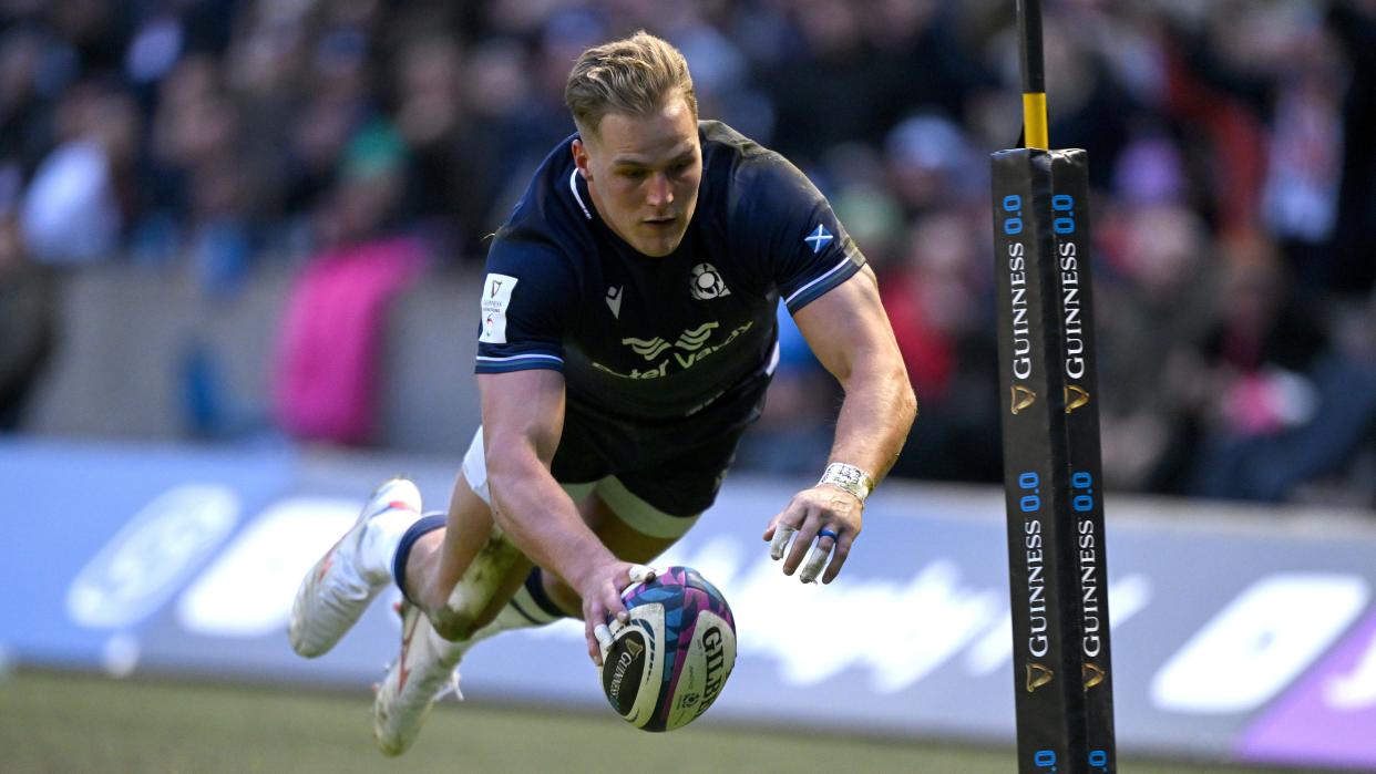  Cotland wing Duhan van der Merwe scores a diving try ahead of the Italy vs Scotland Six Nations 2024 match.  . 