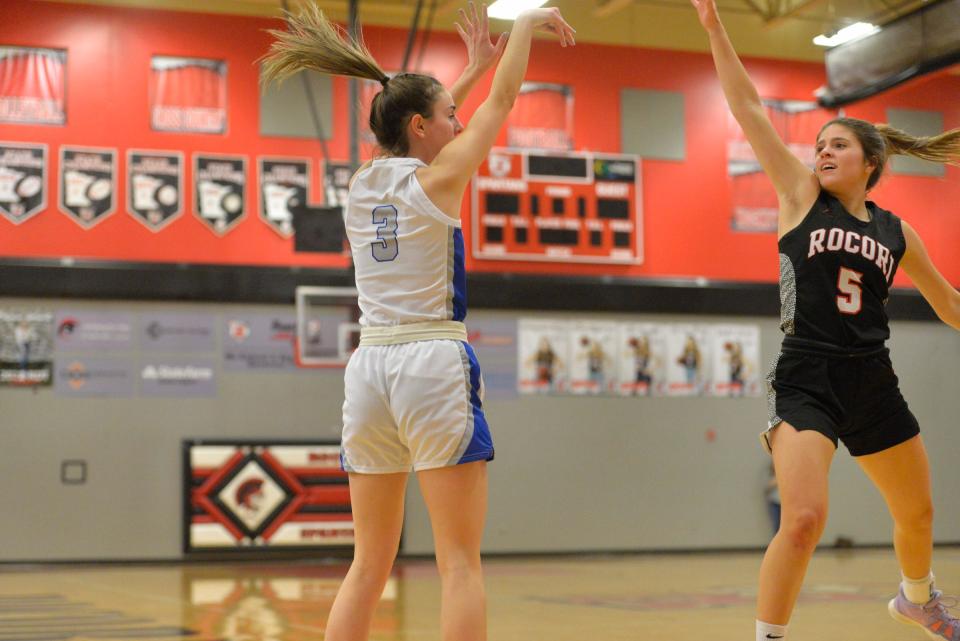 Sartell's Megan Driste take a shot from the 3-point lead as ROCORI battles Sartell at ROCORI High School on Tuesday, Jan. 25, 2022. 