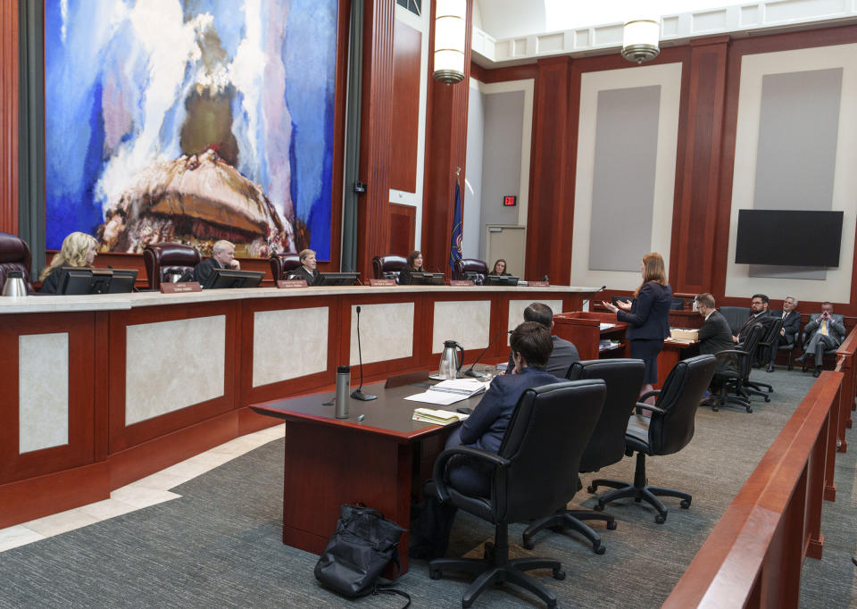 Attorney Taylor Meehan presents an argument for the state for a case challenging the state's congressional districts before the Utah Supreme Court in Salt Lake City, Tuesday, July 11, 2023. (Leah Hogsten/The Salt Lake Tribune via AP, Pool)