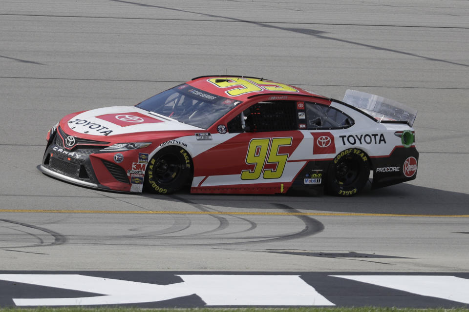 FILE - In this July 12, 2020, file photo, Christopher Bell (95) drives during a NASCAR Cup Series auto race in Sparta, Ky. Leavine Family Racing, which owns the Cup car driven by Christopher Bell, announced Tuesday, Aug. 4, 2020, it had sold its charter and will exit NASCAR at the end of the season. (AP Photo/Mark Humphrey, File)