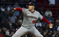 Washington Nationals starting pitcher Patrick Corbin throws to a Boston Red Sox batter during the third inning of a baseball game Friday, May 10, 2024, in Boston. (AP Photo/Mark Stockwell)