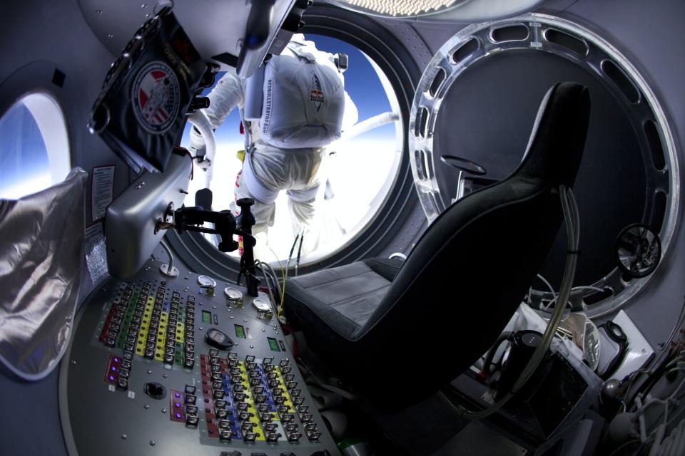 Pilot Felix Baumgartner of Austria seen before his jump at the first manned test flight for Red Bull Stratos in Roswell, New Mexico, USA on March 15 2012. In this test he reach the altitude 21800 meters (71500 ft) and landed safely near Roswell. (Photo courtesy of Red Bull Stratos)