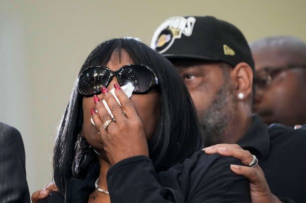 PHOTO: RowVaugn Wells, mother of Tyre Nichols, who died after being beaten by Memphis police officers, cries at a news conference in Memphis, Tenn., Monday, Jan. 23, 2023. Behind is Tyre's stepfather Rodney Wells. (Gerald Herbert/AP)