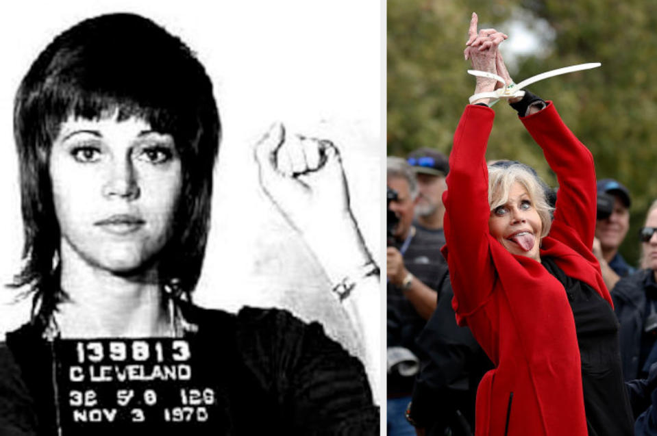 Side-by-side of Jane Fonda's mug shot and Jane Fonda being arrested