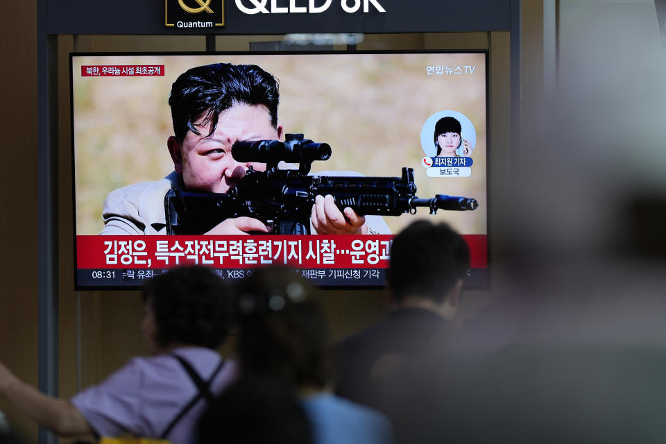 A TV screen shows an image of North Korean leader Kim Jong Un during a news program at the Seoul Railway Station in Seoul, South Korea, Friday, Sept. 13, 2024. (AP Photo/Lee Jin-man)