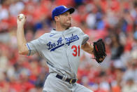 Los Angeles Dodgers' Max Scherzer throws during the sixth inning of a baseball game against the Cincinnati Reds in Cincinnati, Saturday, Sept. 18, 2021. (AP Photo/Aaron Doster)