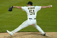 Pittsburgh Pirates relief pitcher David Bednar delivers during the sixth inning of a baseball game against the San Diego Padres in Pittsburgh, Tuesday, April 13, 2021. (AP Photo/Gene J. Puskar)