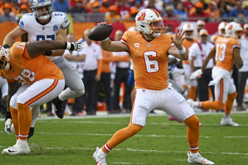 Tampa Bay Buccaneers quarterback Baker Mayfield injured his thumb during a win over the Baltimore Ravens. File Photo by Steve Nesius/UPI