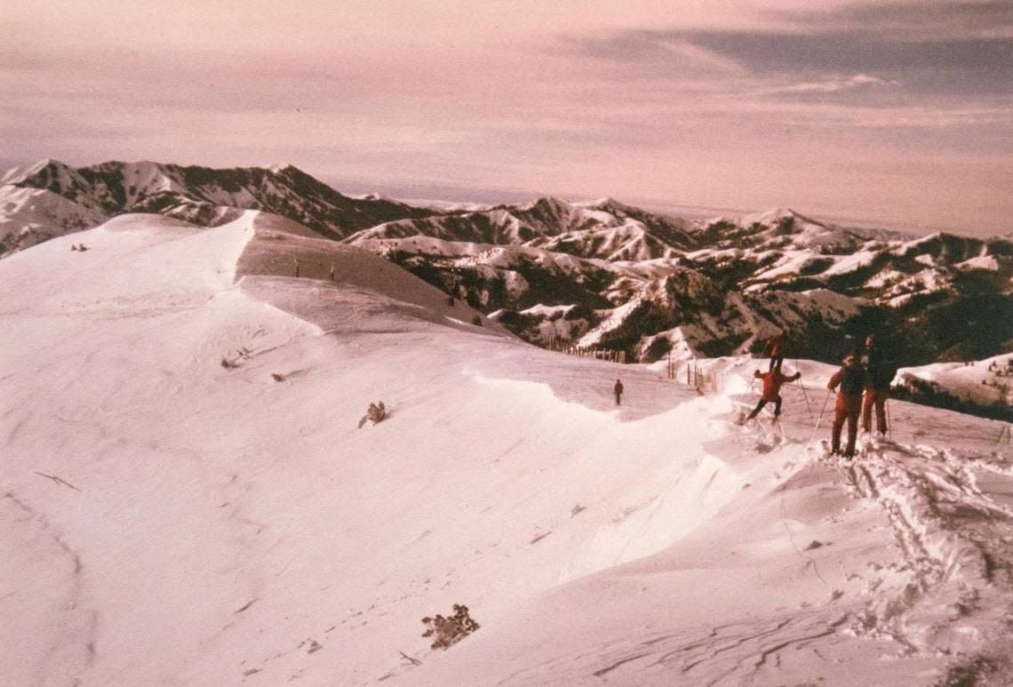 Skiers traverse the summit of Mt. Baldy in the Sawtooth National Recreation Area in 1973.
