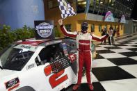 Myatt Snider celebrates after winning the NASCAR Xfinity Series auto race Saturday, Feb. 27, 2021, at Homestead-Miami Speedway in Homestead, Fla. (AP Photo/Wilfredo Lee)