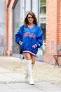 <p>Talk about a little football flair! The oversized sweatshirt look is so on trend right now. Add your team's emblem and pull on some boots and you've got an ensemble fit for the biggest game of the year.</p>